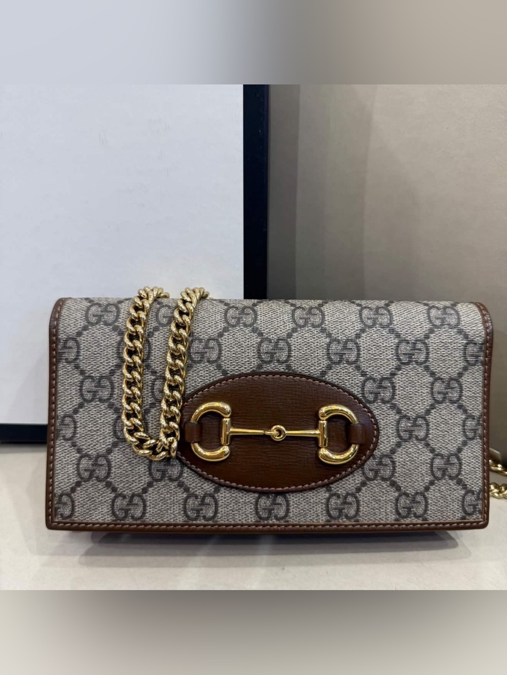 Gucci Beige GG Supreme Crossbody with Brown Leather and Gold Chain